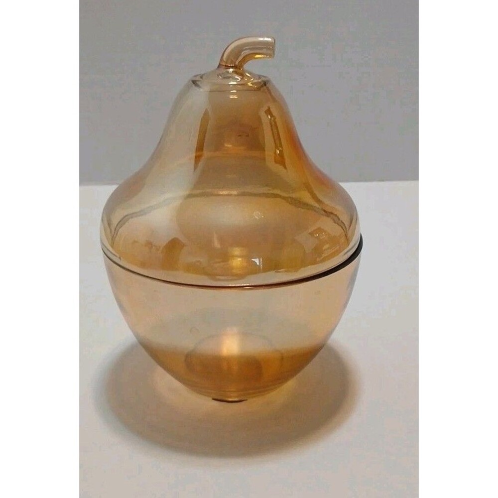 Vintage Jeannette Carnival glass iridescent pear shape candy dish with lid 7"